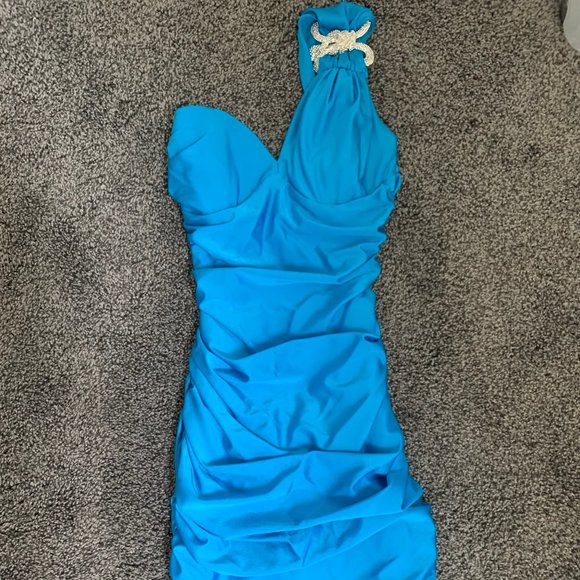 Deep Sky Blue Open Back Short Dress 90% Spandex - Picture 1 of 2